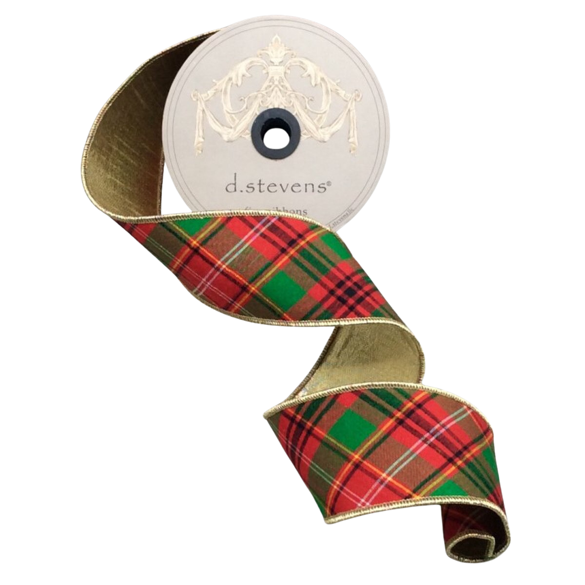 2.5" x 10yds dupion diagonal asher plaid metallic gold back, red green white