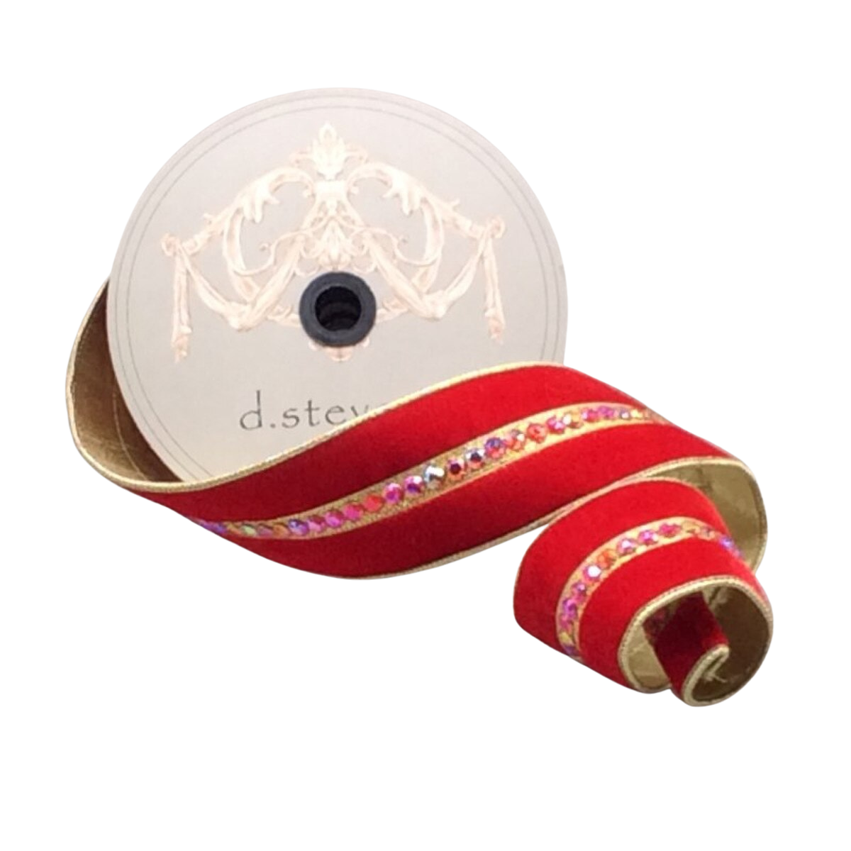 2.5" x 10yds velvet matching jewel center trim gold back, red