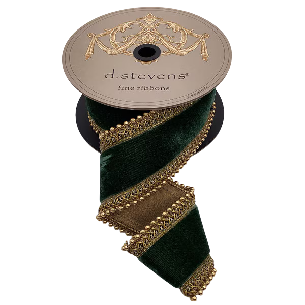 2.5" x 5yds velvet antique gold bead trim, dark green