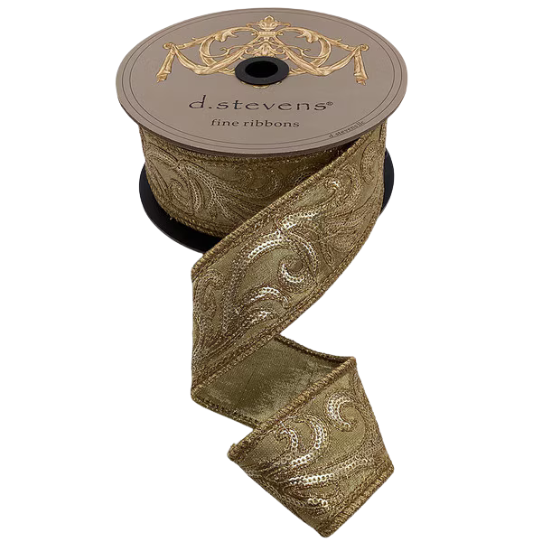 2" x 10yds Metallic Dupion Gold Sequin Scroll, Gold