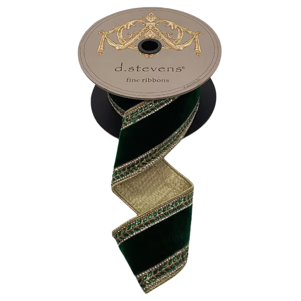 2.5" x 5yds velvet clear crystal jewel side trim, emerald green
