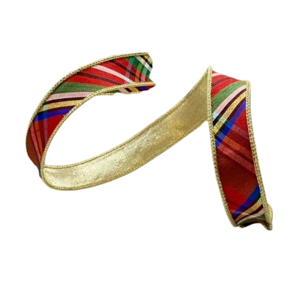 1" x 10yds faux dupion diagonal nutcracker plaid gold back, blue-gold-red NO TWO ALIKE