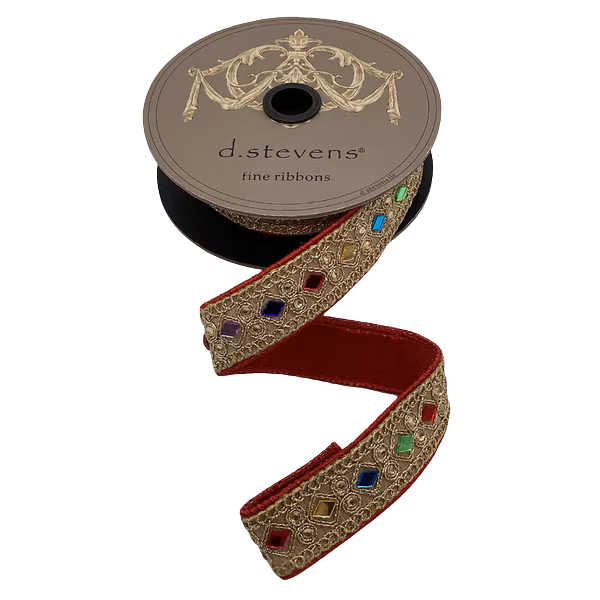 1" x 5yds metallic dupion colorful harlequin mirror trim, red