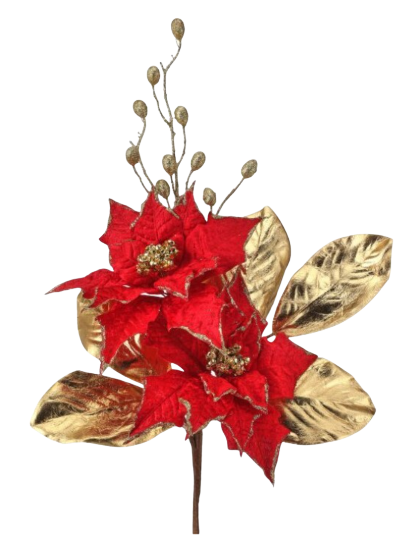 23" Poinsettia Berry Gold Gilded Leaf Pick
