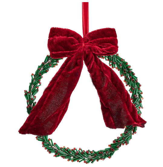6.5" Beaded Wreath Ornament with Bow