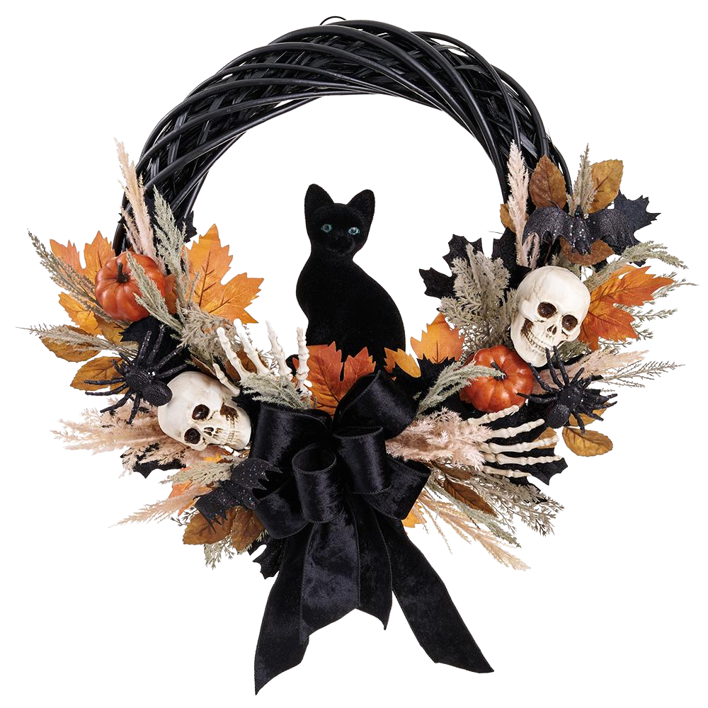 26" Cat / Skelton / Pumpkin Half Wreath Orange Black