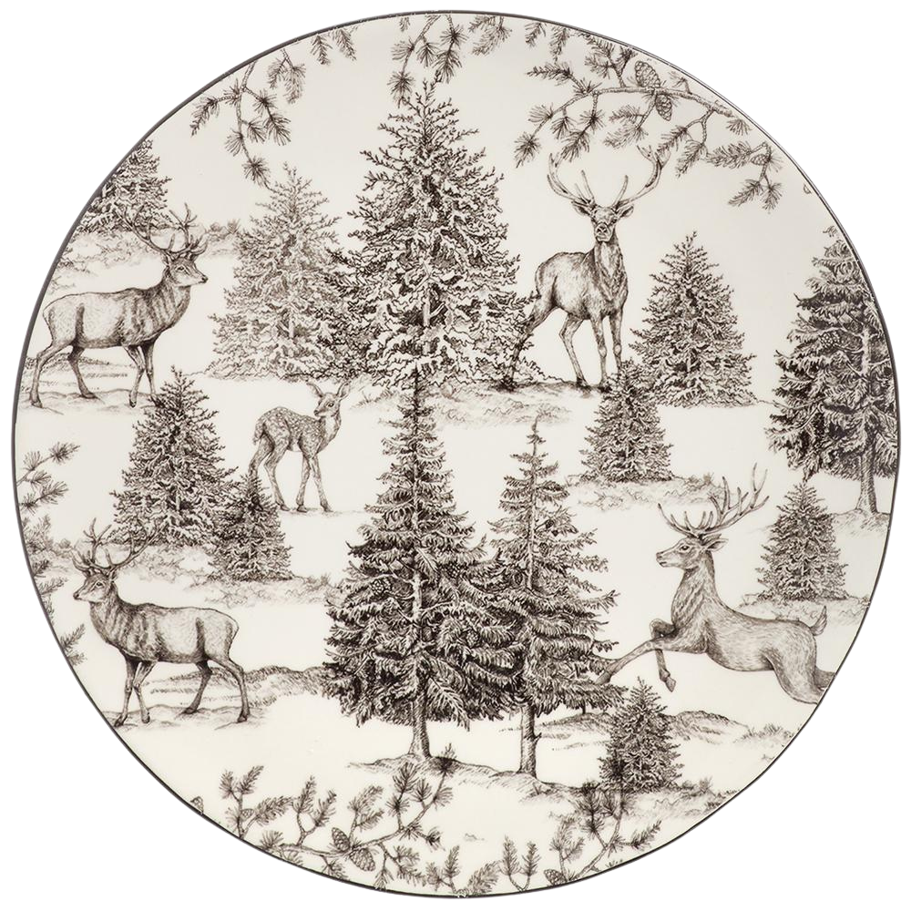8" Tree/Reindeer Ceramic Plate White Black