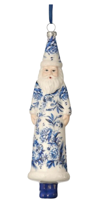 8" Glass Floral Print Santa Ornament