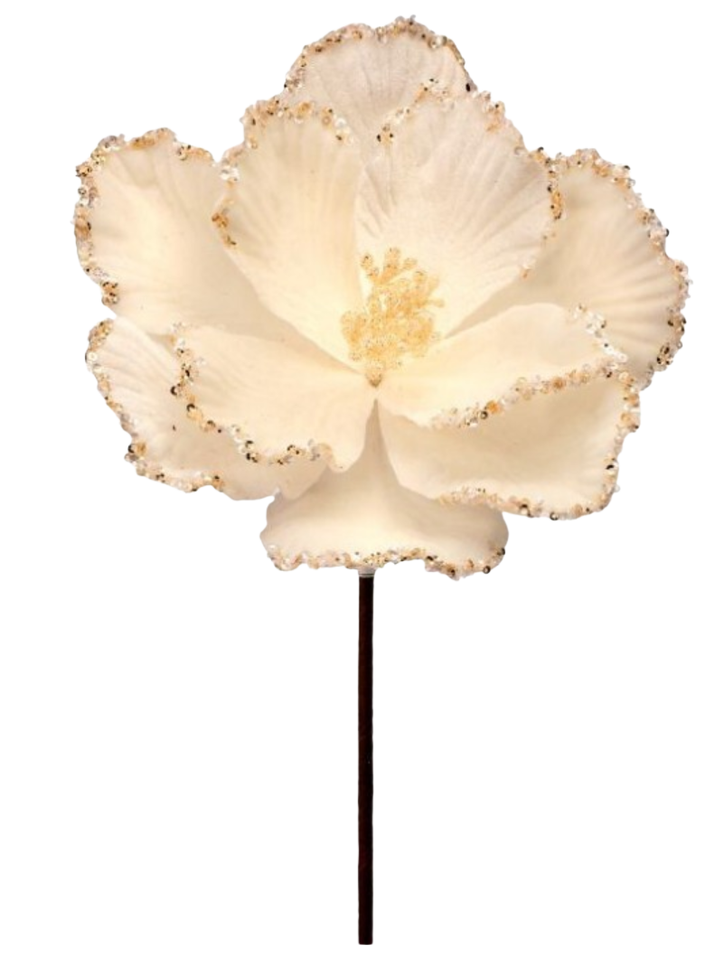 24" Velvet Glitter Bead Edge Magnolia Stem
